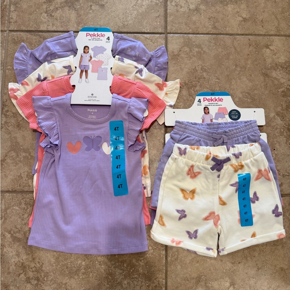 Pekkle Kids Girls 4T Purple (Butterfly) 4-pack Tees and 4-pack shorts set